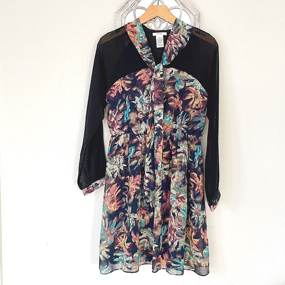 Esley • Black Mesh Sleeve Floral Chiffon Tie Neck Fit & Flare Dress